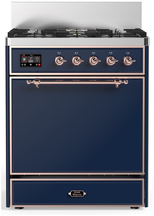 ILVE UM30QNR3MBPLP Majestic III 30 inch Dual Fuel Range with 5 Black Brass Burners, Dual Function Burner up to 25,000 BTU (Liquid Propane, Solid Door, Midnight Blue, Copper)