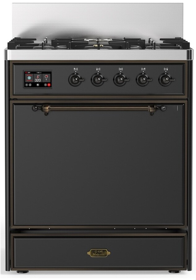 ILVE UM30QNR3MGBLP Majestic III 30 inch Dual Fuel Range with 5 Black Brass Burners, Dual Function Burner up to 25,000 BTU (Liquid Propane, Solid Door, Graphite Matte, Burnished)