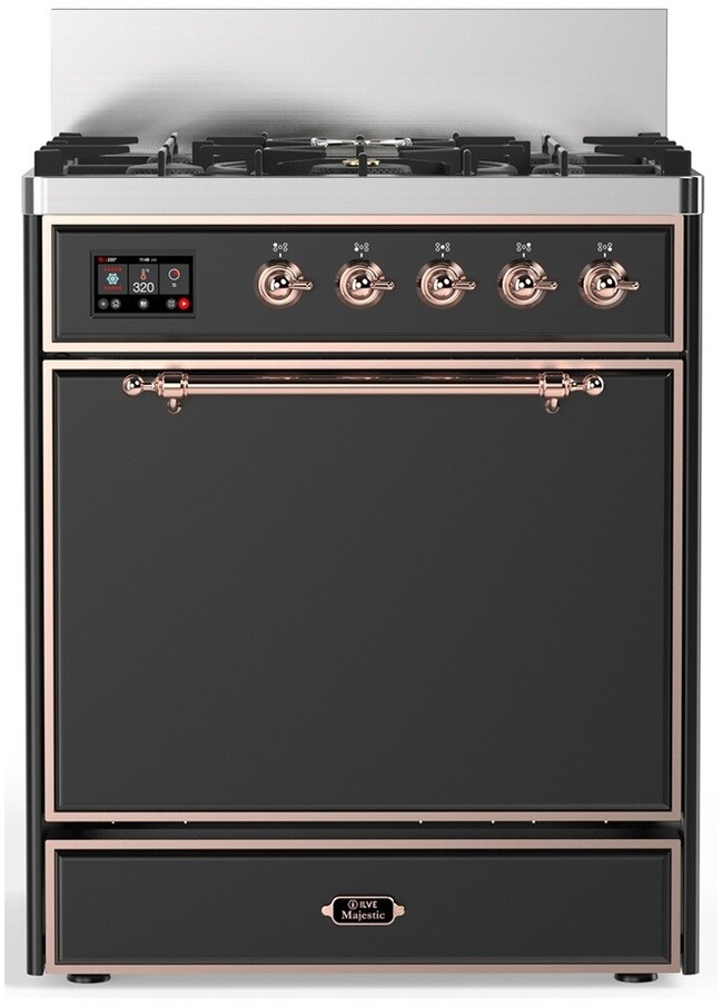 ILVE UM30QNR3MGPLP Majestic III 30 inch Dual Fuel Range with 5 Black Brass Burners, Dual Function Burner up to 25,000 BTU (Liquid Propane, Solid Door, Graphite Matte, Copper)