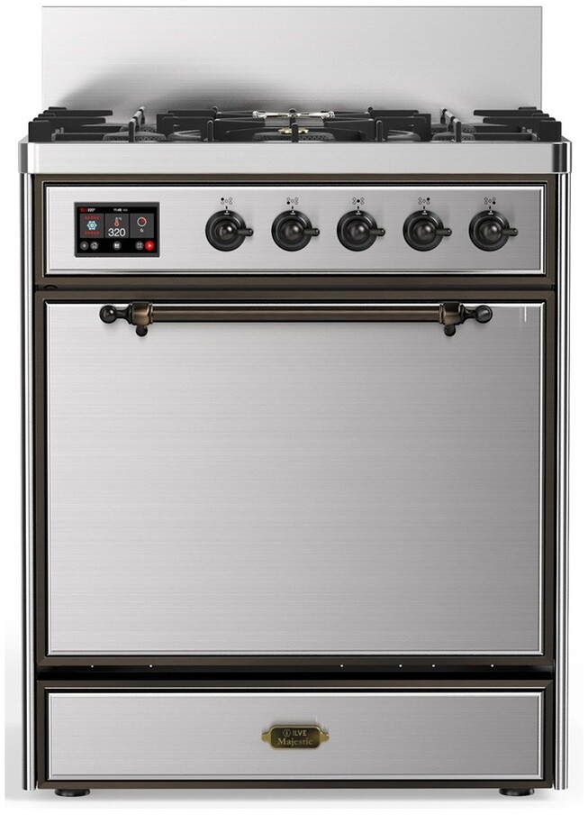 ILVE UM30QNR3SSBLP Majestic III 30 inch Dual Fuel Range with 5 Black Brass Burners, Dual Function Burner up to 25,000 BTU (Liquid Propane, Solid Door, Stainless Steel, Burnished)