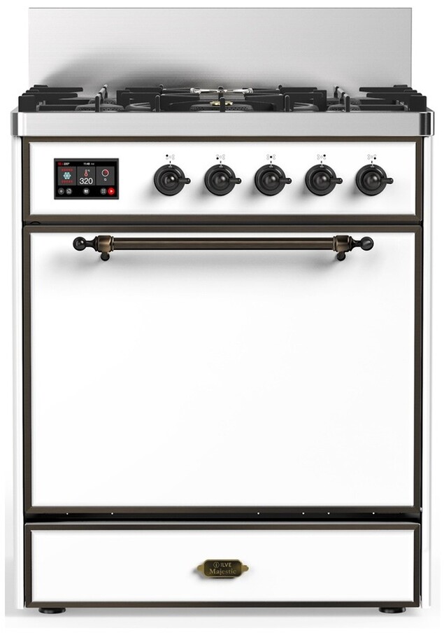 ILVE UM30QNR3WHBLP Majestic III 30 inch Dual Fuel Range with 5 Black Brass Burners, Dual Function Burner up to 25,000 BTU (Liquid Propane, Solid Door, White, Burnished)