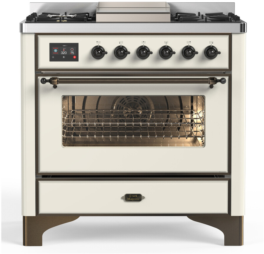 ILVE UM36FNR3AWBLP Majestic III 36 inch Dual Fuel Range with 6 Black Brass Burners and Griddle, Dual Function Burner up to 25,000 BTU  (Triple Glass Door, Antique White, Burnished, Liquid Propane)