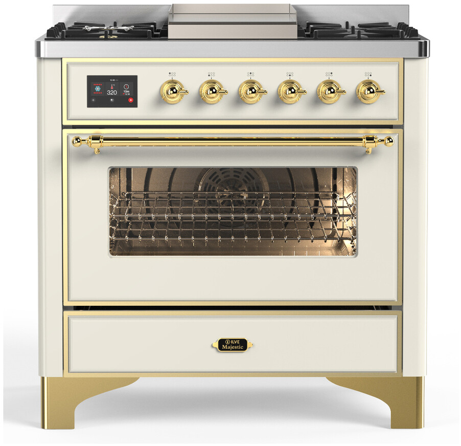 ILVE UM36FNR3AWGLP Majestic III 36 inch Dual Fuel Range with 6 Black Brass Burners and Griddle, Dual Function Burner up to 25,000 BTU  (Triple Glass Door, Antique White, Brass, Liquid Propane)