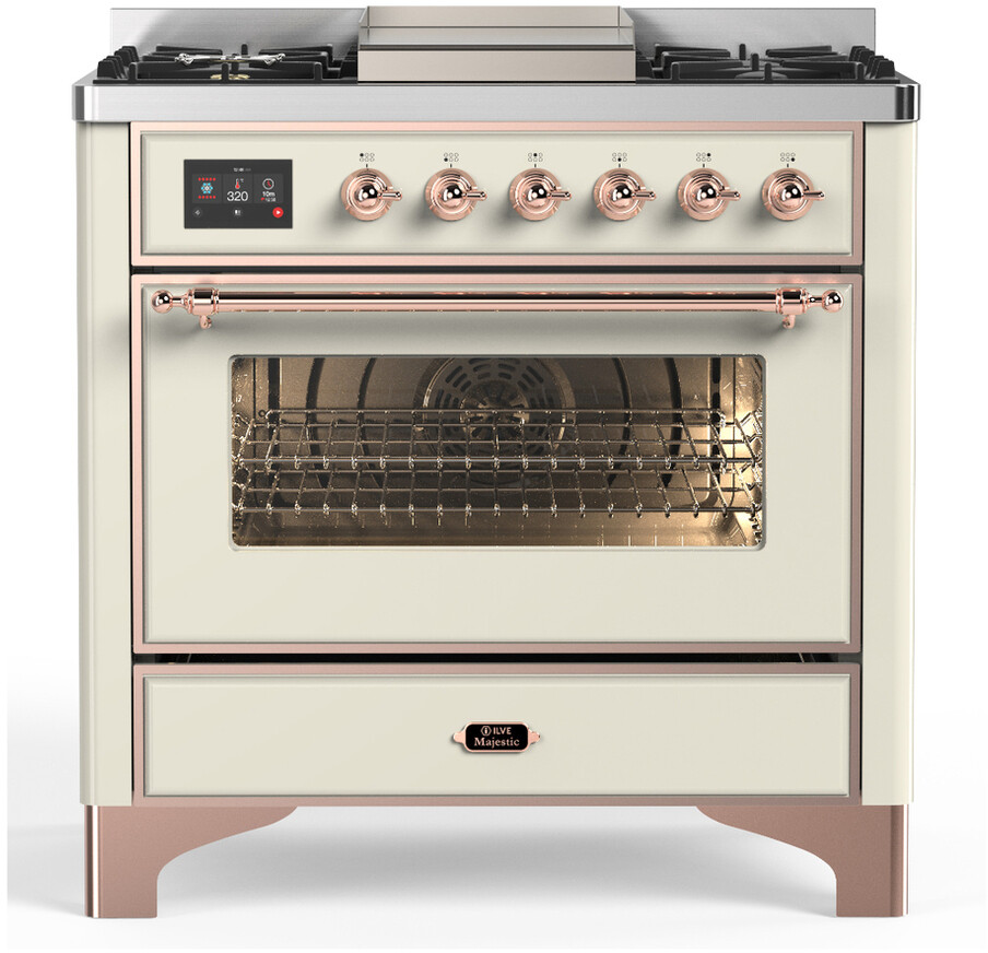 ILVE UM36FNR3AWPLP Majestic III 36 inch Dual Fuel Range with 6 Black Brass Burners and Griddle, Dual Function Burner up to 25,000 BTU  (Triple Glass Door, Antique White, Copper, Liquid Propane)