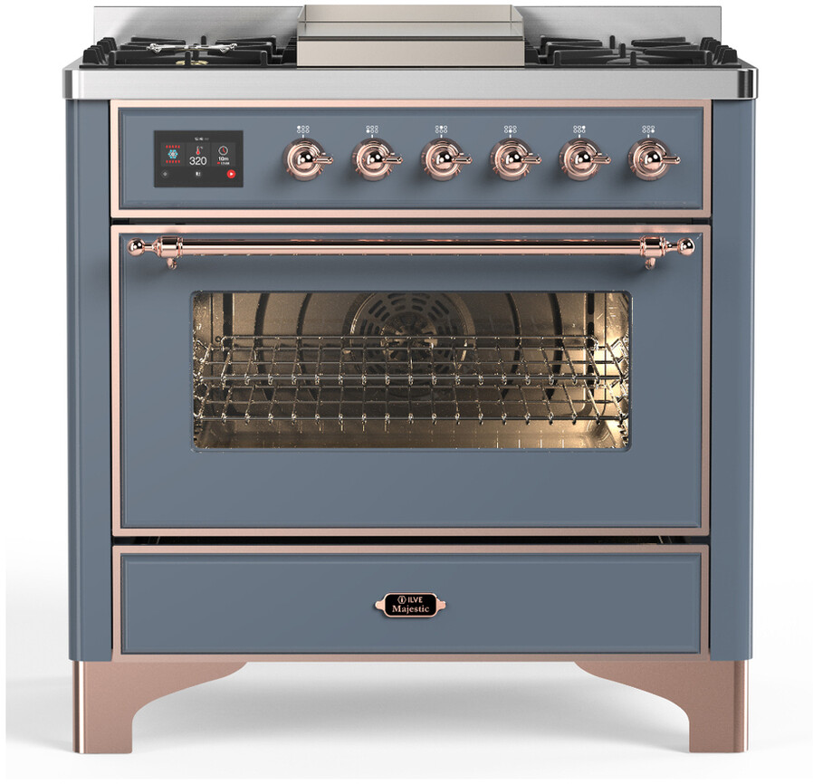 ILVE UM36FNR3BGP Majestic III 36 inch Dual Fuel Range with 6 Black Brass Burners and Griddle, Dual Function Burner up to 25,000 BTU  (Triple Glass Door, Blue Grey, Copper, Natural Gas)
