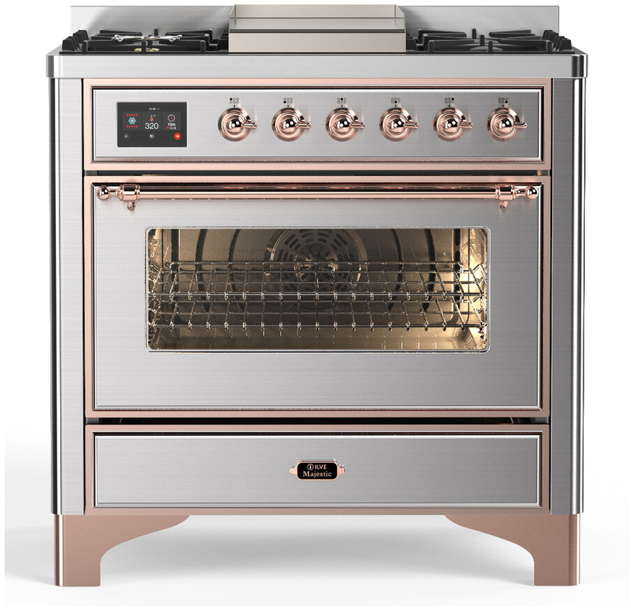 ILVE UM36FNR3SSP Majestic III 36 inch Dual Fuel Range with 6 Black Brass Burners and Griddle, Dual Function Burner up to 25,000 BTU  (Triple Glass Door, Stainless Steel, Copper, Natural Gas)