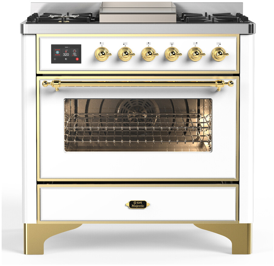 ILVE UM36FNR3WHG Majestic III 36 inch Dual Fuel Range with 6 Black Brass Burners and Griddle, Dual Function Burner up to 25,000 BTU  (Triple Glass Door, White, Brass, Natural Gas)