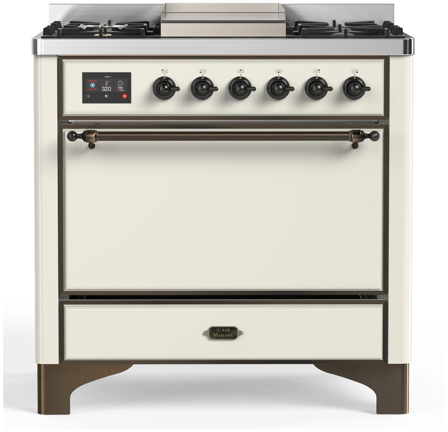 ILVE UM36FQNR3AWB Majestic III 36 inch Dual Fuel Range with 6 Black Brass Burners and Griddle, Dual Function Burner up to 25,000 BTU  (Solid Door, Antique White, Burnished, Natural Gas)