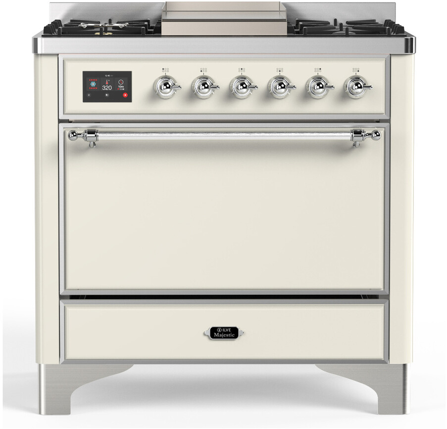 ILVE UM36FQNR3AWCLP Majestic III 36 inch Dual Fuel Range with 6 Black Brass Burners and Griddle, Dual Function Burner up to 25,000 BTU  (Solid Door, Antique White, Chrome, Liquid Propane)