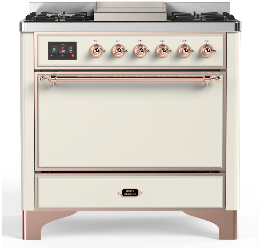 ILVE UM36FQNR3AWPLP Majestic III 36 inch Dual Fuel Range with 6 Black Brass Burners and Griddle, Dual Function Burner up to 25,000 BTU  (Solid Door, Antique White, Copper, Liquid Propane)