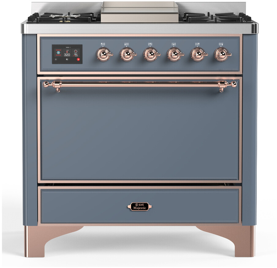ILVE UM36FQNR3BGPLP Majestic III 36 inch Dual Fuel Range with 6 Black Brass Burners and Griddle, Dual Function Burner up to 25,000 BTU  (Solid Door, Blue Grey, Copper, Liquid Propane)