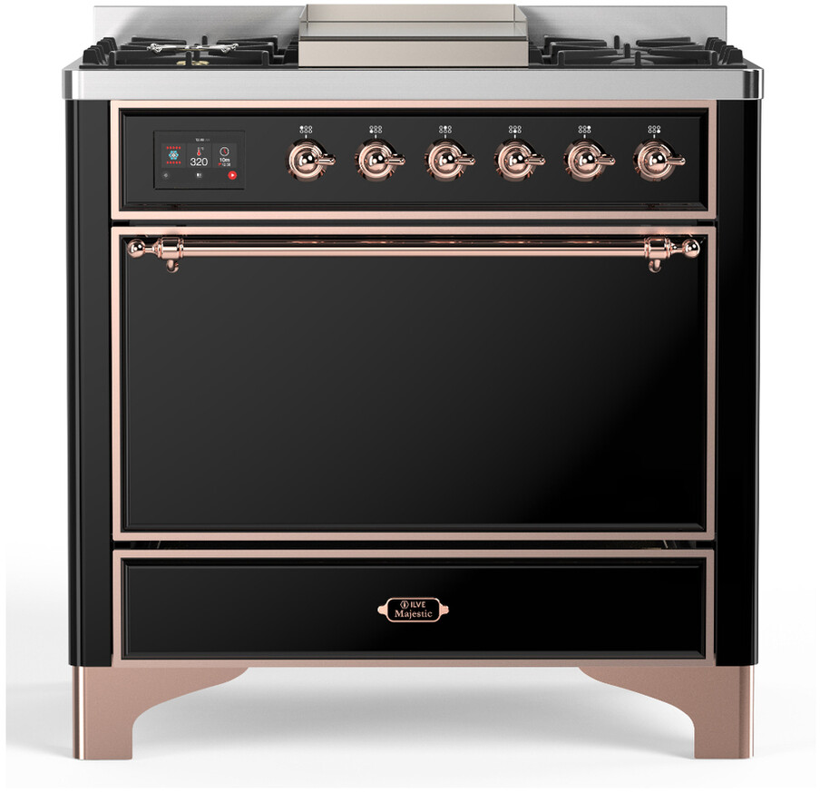 ILVE UM36FQNR3BKPLP Majestic III 36 inch Dual Fuel Range with 6 Black Brass Burners and Griddle, Dual Function Burner up to 25,000 BTU  (Solid Door, Glossy Black, Copper, Liquid Propane)
