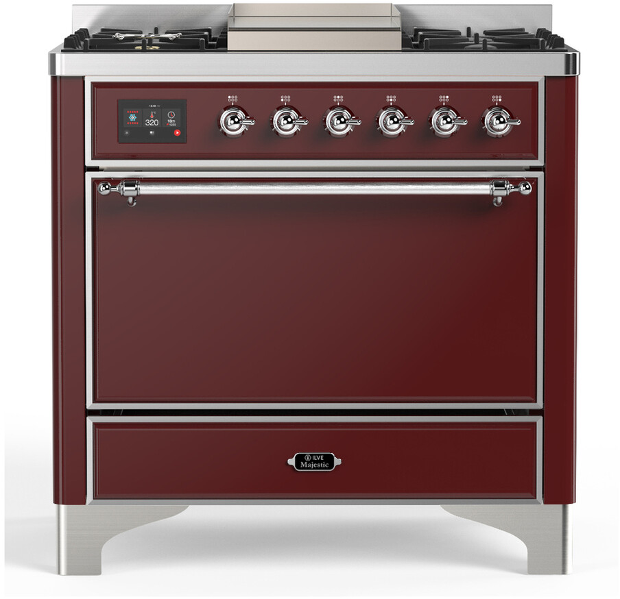 ILVE UM36FQNR3BUCLP Majestic III 36 inch Dual Fuel Range with 6 Black Brass Burners and Griddle, Dual Function Burner up to 25,000 BTU  (Solid Door, Burgundy, Chrome, Liquid Propane)