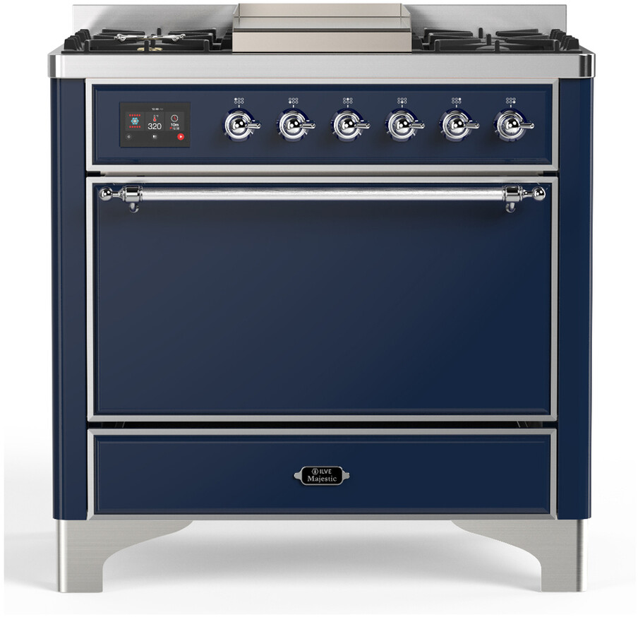 ILVE UM36FQNR3MBCLP Majestic III 36 inch Dual Fuel Range with 6 Black Brass Burners and Griddle, Dual Function Burner up to 25,000 BTU  (Solid Door, Midnight Blue, Chrome, Liquid Propane)