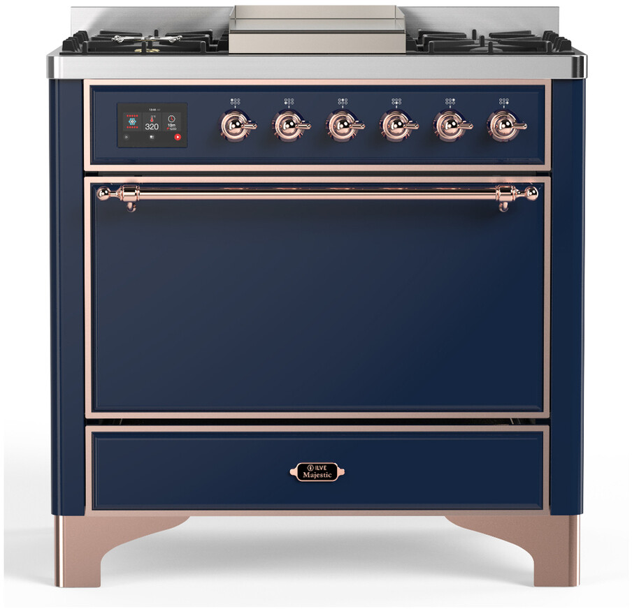 ILVE UM36FQNR3MBPLP Majestic III 36 inch Dual Fuel Range with 6 Black Brass Burners and Griddle, Dual Function Burner up to 25,000 BTU  (Solid Door, Midnight Blue, Copper, Liquid Propane)