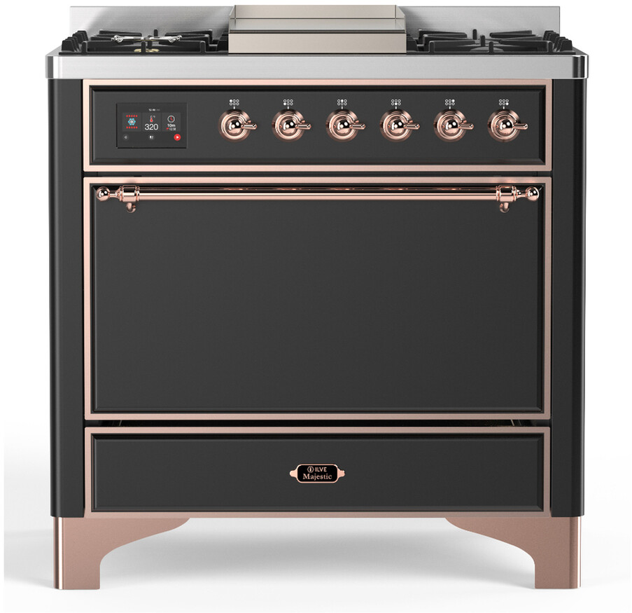 ILVE UM36FQNR3MGPLP Majestic III 36 inch Dual Fuel Range with 6 Black Brass Burners and Griddle, Dual Function Burner up to 25,000 BTU  (Solid Door, Graphite Matte, Copper, Liquid Propane)
