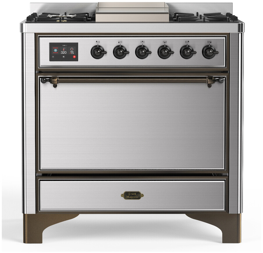ILVE UM36FQNR3SSBLP Majestic III 36 inch Dual Fuel Range with 6 Black Brass Burners and Griddle, Dual Function Burner up to 25,000 BTU  (Solid Door, Stainless Steel, Burnished, Liquid Propane)