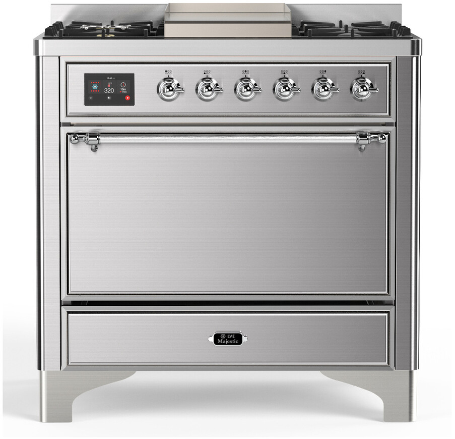 ILVE UM36FQNR3SSCLP Majestic III 36 inch Dual Fuel Range with 6 Black Brass Burners and Griddle, Dual Function Burner up to 25,000 BTU  (Solid Door, Stainless Steel, Chrome, Liquid Propane)