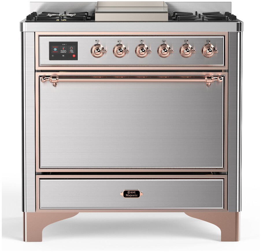 ILVE UM36FQNR3SSP Majestic III 36 inch Dual Fuel Range with 6 Black Brass Burners and Griddle, Dual Function Burner up to 25,000 BTU  (Solid Door, Stainless Steel, Copper, Natural Gas)