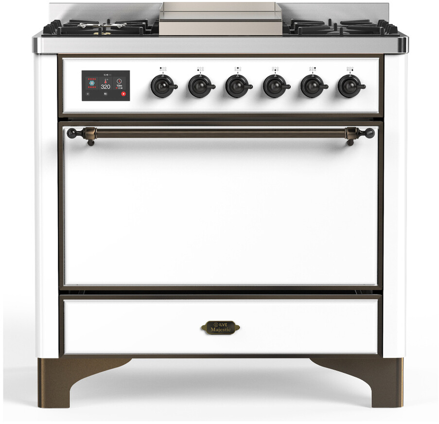 ILVE UM36FQNR3WHBLP Majestic III 36 inch Dual Fuel Range with 6 Black Brass Burners and Griddle, Dual Function Burner up to 25,000 BTU  (Solid Door, White, Burnished, Liquid Propane)