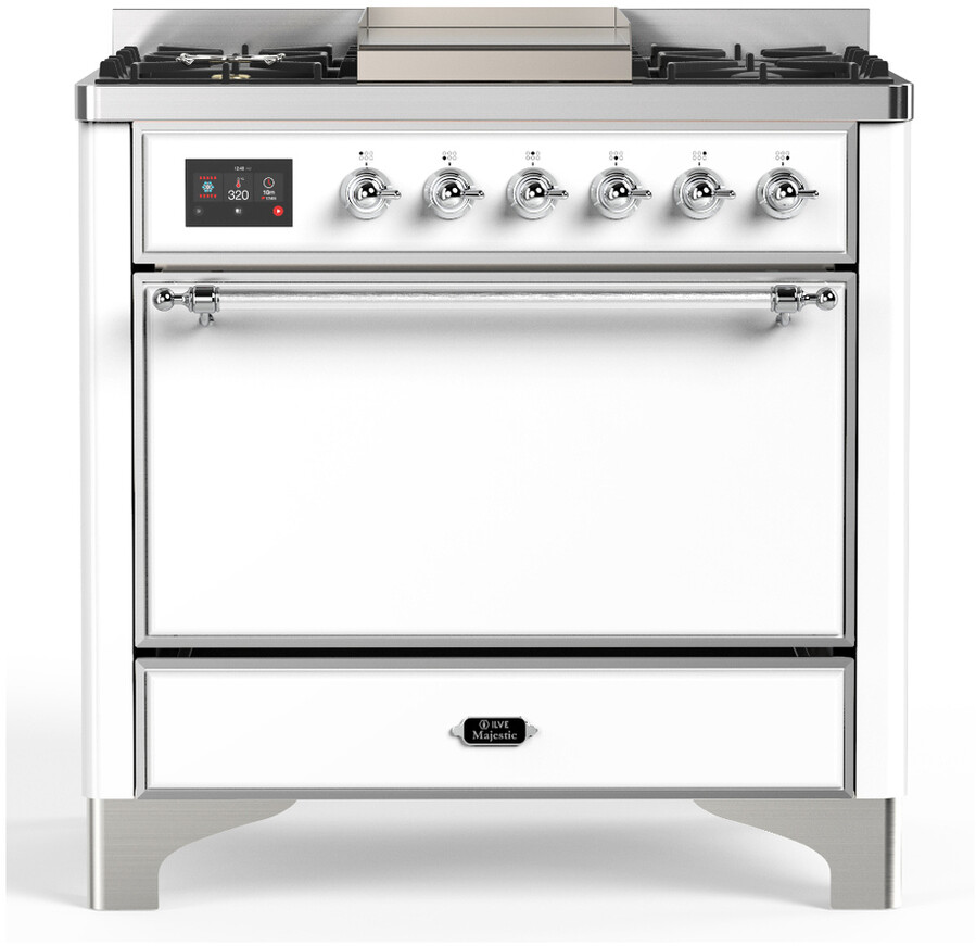 ILVE UM36FQNR3WHCLP Majestic III 36 inch Dual Fuel Range with 6 Black Brass Burners and Griddle, Dual Function Burner up to 25,000 BTU  (Solid Door, White, Chrome, Liquid Propane)