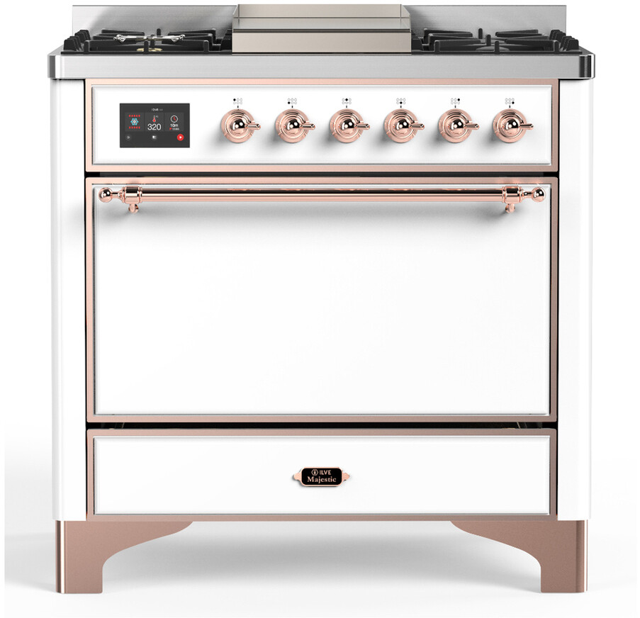 ILVE UM36FQNR3WHP Majestic III 36 inch Dual Fuel Range with 6 Black Brass Burners and Griddle, Dual Function Burner up to 25,000 BTU  (Solid Door, White, Copper, Natural Gas)