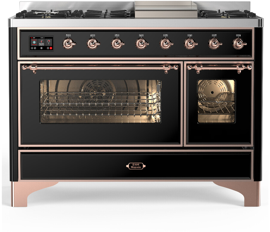 ILVE UM48FNR3BKP Majestic III 48 inch Dual Fuel Range with 8 Burners and Griddle, Dual Function Burner up to 25,000 BTU (Natural Gas, Triple Glass Door, Glossy Black, Copper)