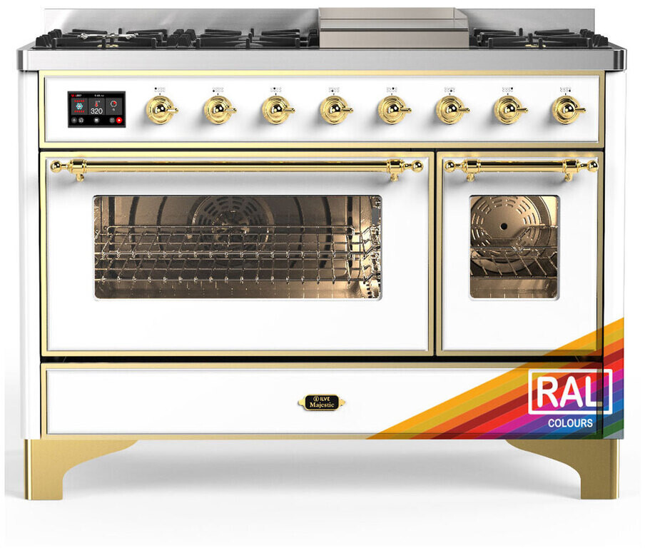 ILVE UM48FNR3RAGLP Majestic III 48 inch Dual Fuel Range with 8 Burners and Griddle, Dual Function Burner up to 25,000 BTU (Liquid Propane, Triple Glass Door, RAL, Brass)