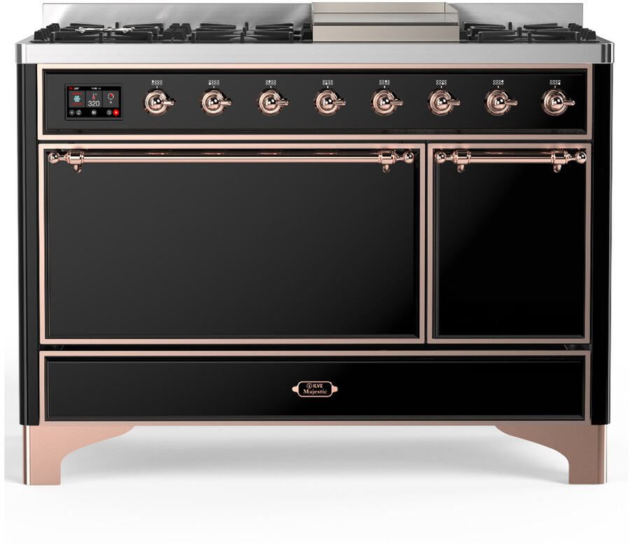 ILVE UM48FQNR3BKPLP Majestic III 48 inch Dual Fuel Range with 8 Burners and Griddle, Dual Function Burner up to 25,000 BTU (Liquid Propane, Solid Door, Glossy Black, Copper)