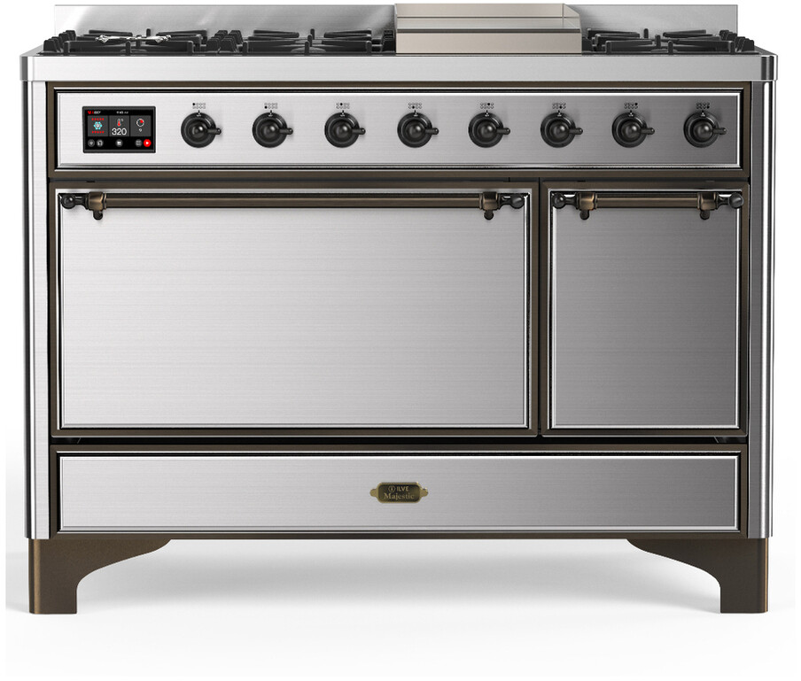 ILVE UM48FQNR3SSBLP Majestic III 48 inch Dual Fuel Range with 8 Burners and Griddle, Dual Function Burner up to 25,000 BTU (Liquid Propane, Solid Door, Stainless Steel, Burnished)