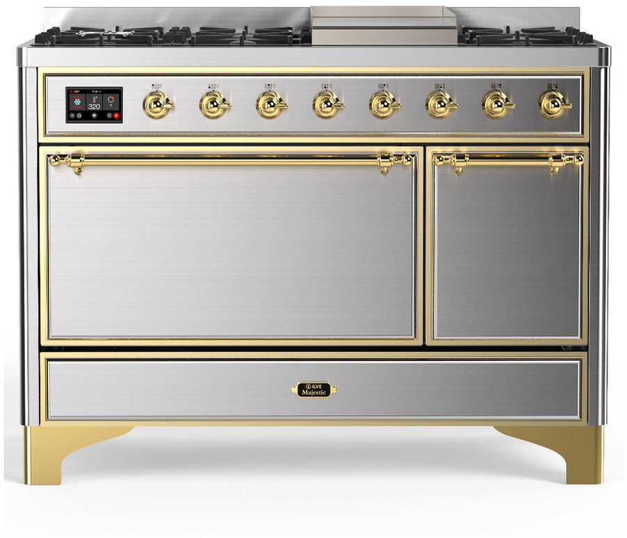 ILVE UM48FQNR3SSGLP Majestic III 48 inch Dual Fuel Range with 8 Burners and Griddle, Dual Function Burner up to 25,000 BTU (Liquid Propane, Solid Door, Stainless Steel, Brass)