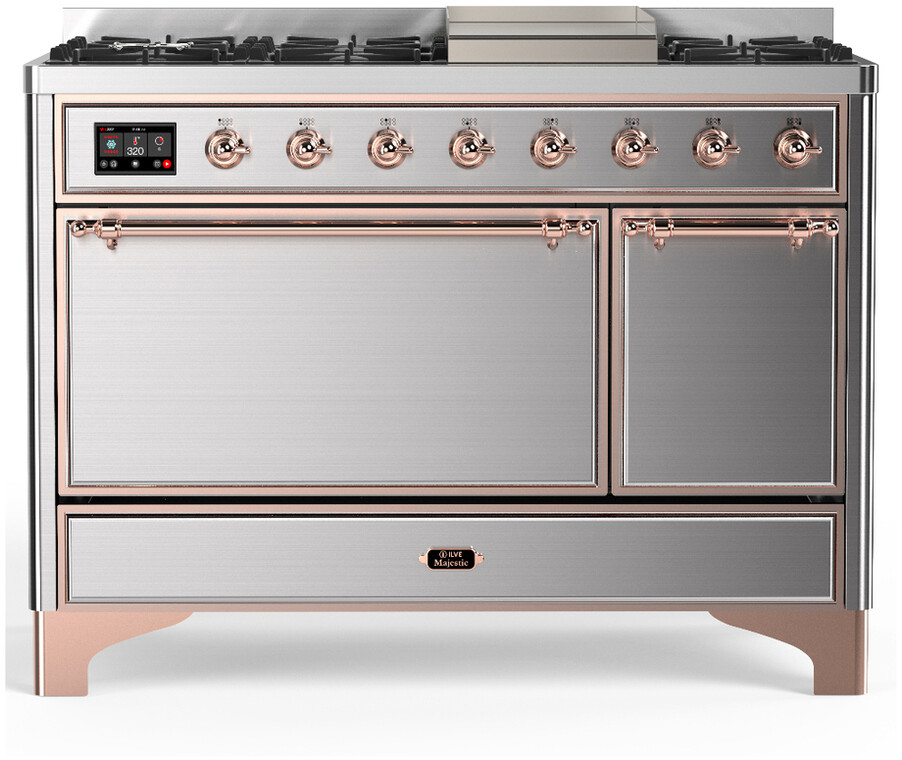 ILVE UM48FQNR3SSPLP Majestic III 48 inch Dual Fuel Range with 8 Burners and Griddle, Dual Function Burner up to 25,000 BTU (Liquid Propane, Solid Door, Stainless Steel, Copper)