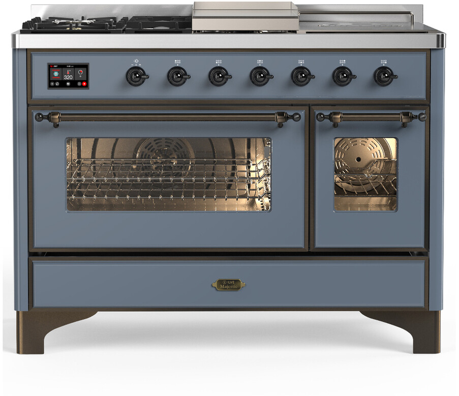 ILVE UM48FSNR3BGBLP Majestic III 48 inch Dual Fuel Range with 5 Black Brass Burners, Griddle and French Top, Dual Function Burner up to 25,000 BTU (Liquid Propane, Triple Glass Door, Blue Grey, Burnished)