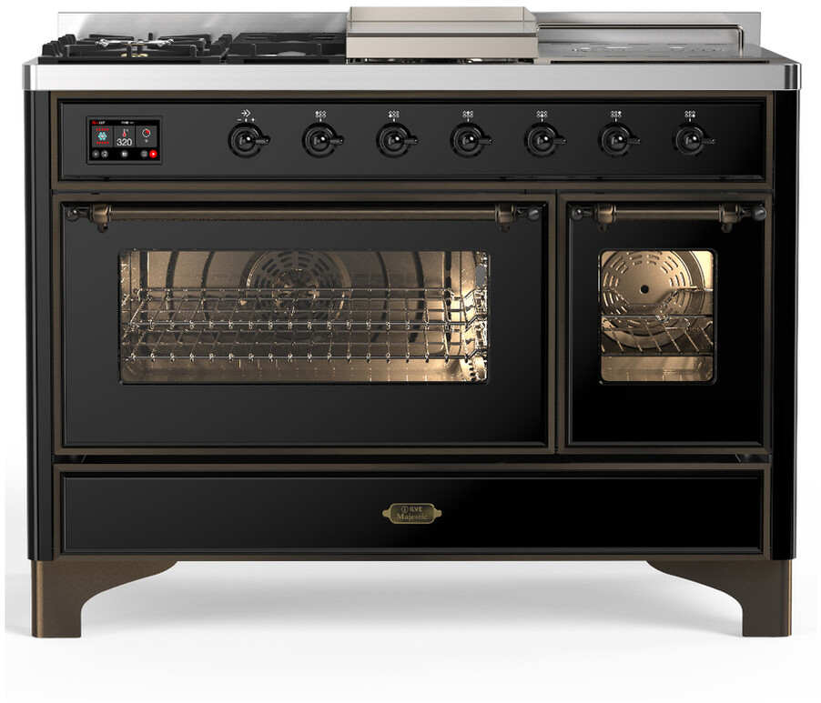 ILVE UM48FSNR3BKBLP Majestic III 48 inch Dual Fuel Range with 5 Black Brass Burners, Griddle and French Top, Dual Function Burner up to 25,000 BTU (Liquid Propane, Triple Glass Door, Glossy Black, Burnished)