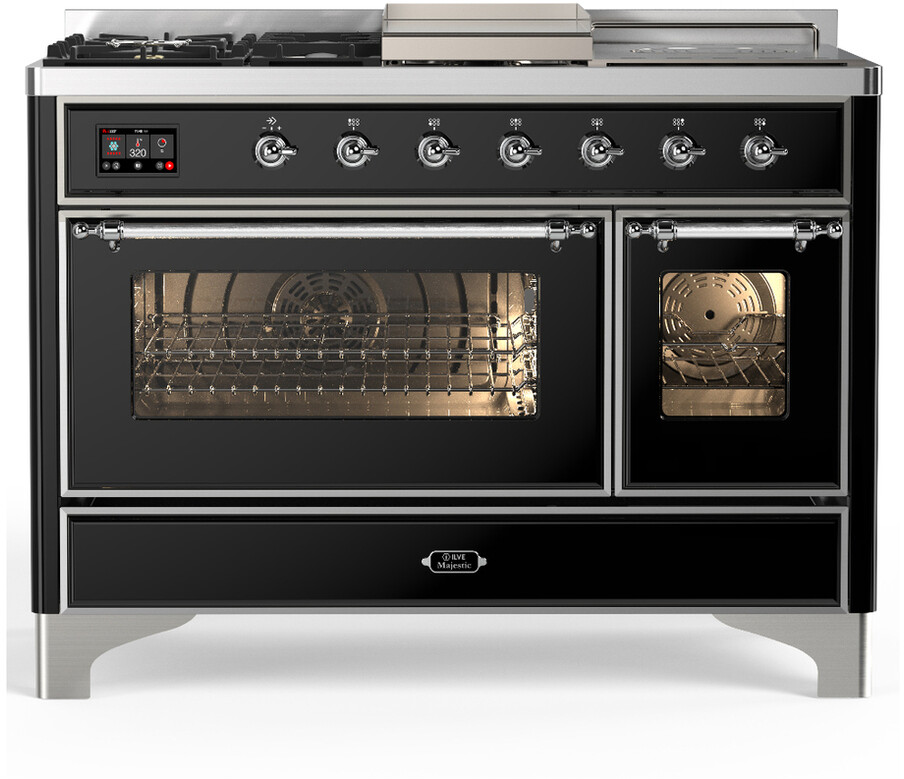 ILVE UM48FSNR3BKCLP Majestic III 48 inch Dual Fuel Range with 5 Black Brass Burners, Griddle and French Top, Dual Function Burner up to 25,000 BTU (Liquid Propane, Triple Glass Door, Glossy Black, Chrome)