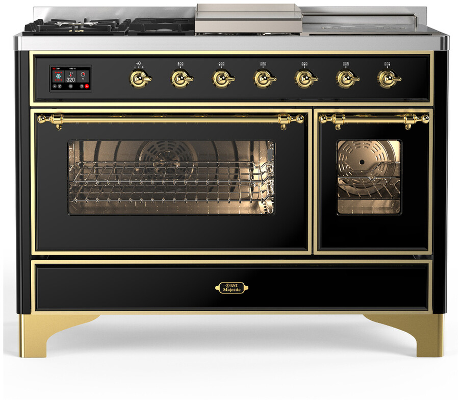 ILVE UM48FSNR3BKGLP Majestic III 48 inch Dual Fuel Range with 5 Black Brass Burners, Griddle and French Top, Dual Function Burner up to 25,000 BTU (Liquid Propane, Triple Glass Door, Glossy Black, Brass)
