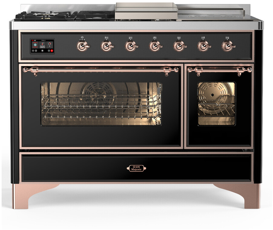 ILVE UM48FSNR3BKP Majestic III 48 inch Dual Fuel Range with 5 Black Brass Burners, Griddle and French Top, Dual Function Burner up to 25,000 BTU (Natural Gas, Triple Glass Door, Glossy Black, Copper)
