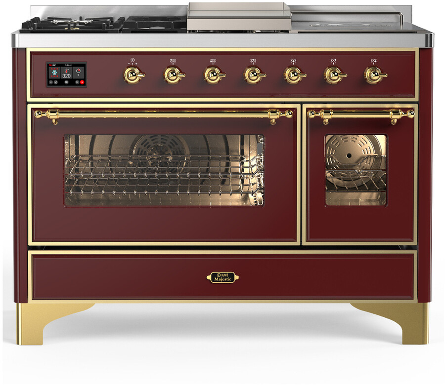 ILVE UM48FSNR3BUGLP Majestic III 48 inch Dual Fuel Range with 5 Black Brass Burners, Griddle and French Top, Dual Function Burner up to 25,000 BTU (Liquid Propane, Triple Glass Door, Burgundy, Brass)