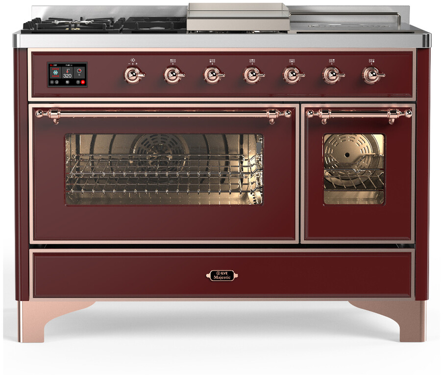 ILVE UM48FSNR3BUP Majestic III 48 inch Dual Fuel Range with 5 Black Brass Burners, Griddle and French Top, Dual Function Burner up to 25,000 BTU (Natural Gas, Triple Glass Door, Burgundy, Copper)