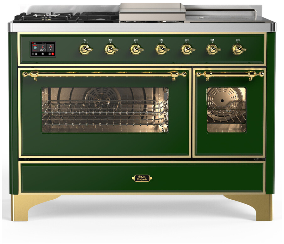ILVE UM48FSNR3EGGLP Majestic III 48 inch Dual Fuel Range with 5 Black Brass Burners, Griddle and French Top, Dual Function Burner up to 25,000 BTU (Liquid Propane, Triple Glass Door, Emerald Green, Brass)