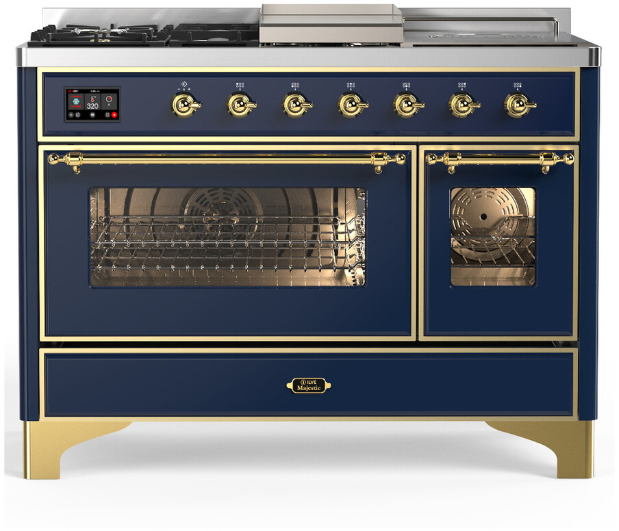 ILVE UM48FSNR3MBGLP Majestic III 48 inch Dual Fuel Range with 5 Black Brass Burners, Griddle and French Top, Dual Function Burner up to 25,000 BTU (Liquid Propane, Triple Glass Door, Midnight Blue, Brass)