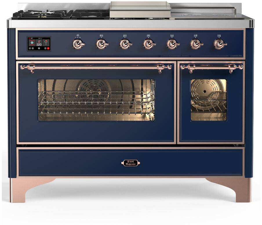 ILVE UM48FSNR3MBPLP Majestic III 48 inch Dual Fuel Range with 5 Black Brass Burners, Griddle and French Top, Dual Function Burner up to 25,000 BTU (Liquid Propane, Triple Glass Door, Midnight Blue, Copper)