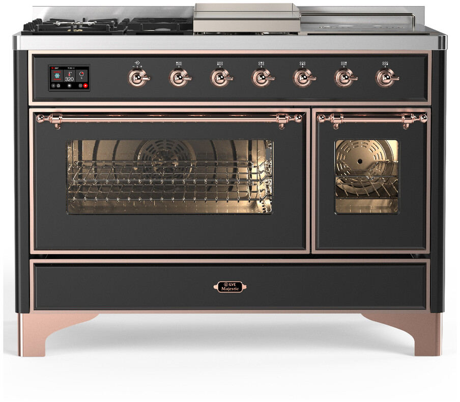 ILVE UM48FSNR3MGPLP Majestic III 48 inch Dual Fuel Range with 5 Black Brass Burners, Griddle and French Top, Dual Function Burner up to 25,000 BTU (Liquid Propane, Triple Glass Door, Graphite Matte, Copper)