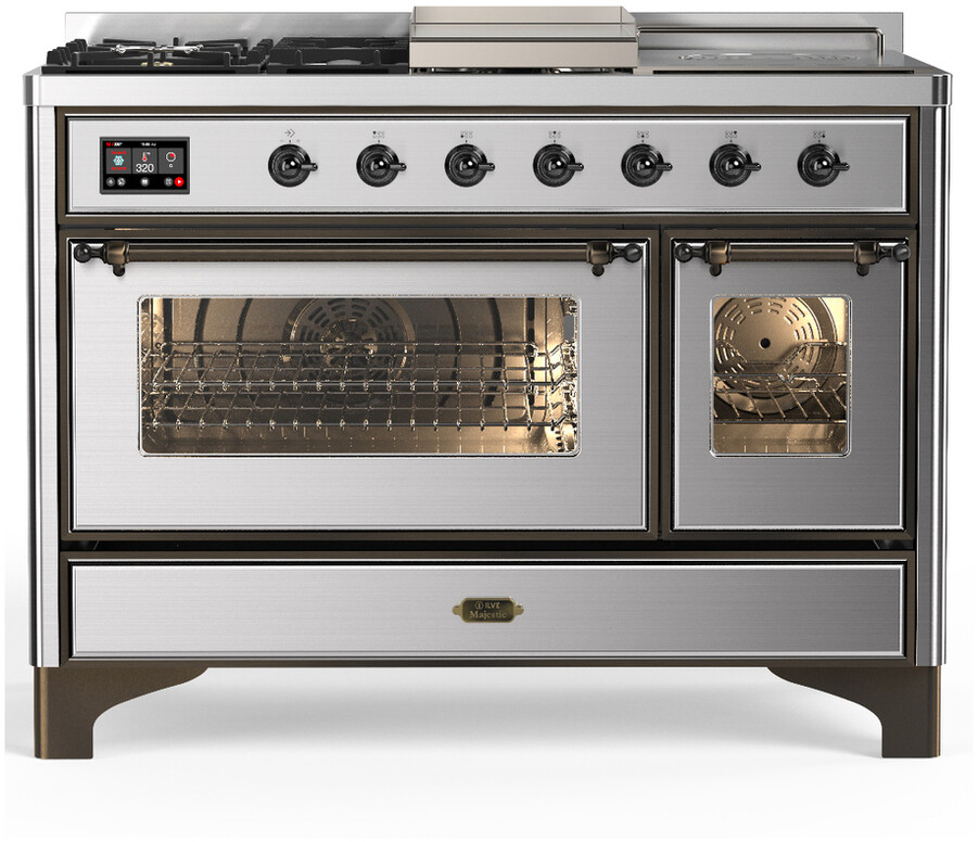 ILVE UM48FSNR3SSBLP Majestic III 48 inch Dual Fuel Range with 5 Black Brass Burners, Griddle and French Top, Dual Function Burner up to 25,000 BTU (Liquid Propane, Triple Glass Door, Stainless Steel, Burnished)