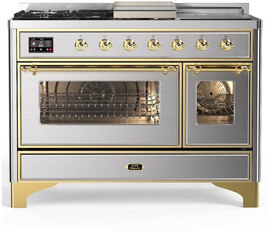 ILVE UM48FSNR3SSGLP Majestic III 48 inch Dual Fuel Range with 5 Black Brass Burners, Griddle and French Top, Dual Function Burner up to 25,000 BTU (Liquid Propane, Triple Glass Door, Stainless Steel, Brass)