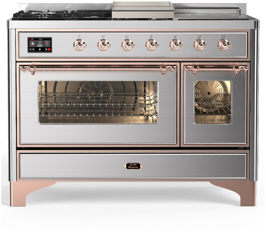 ILVE UM48FSNR3SSP Majestic III 48 inch Dual Fuel Range with 5 Black Brass Burners, Griddle and French Top, Dual Function Burner up to 25,000 BTU (Natural Gas, Triple Glass Door, Stainless Steel, Copper)