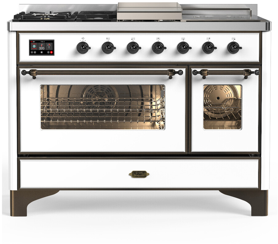 ILVE UM48FSNR3WHB Majestic III 48 inch Dual Fuel Range with 5 Black Brass Burners, Griddle and French Top, Dual Function Burner up to 25,000 BTU (Natural Gas, Triple Glass Door, White, Burnished)