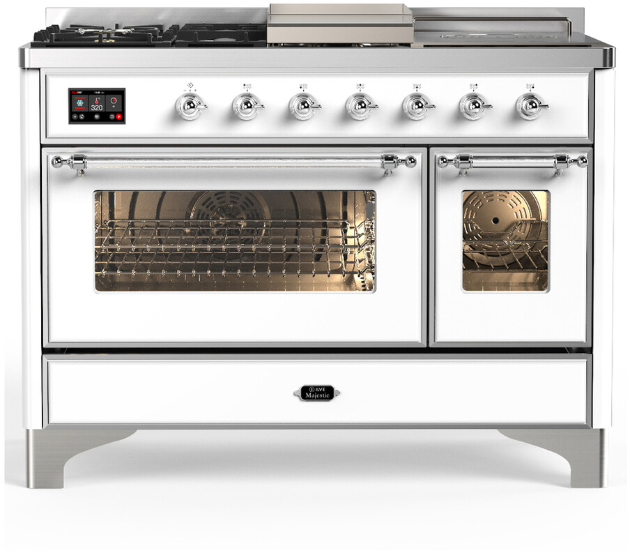 ILVE UM48FSNR3WHCLP Majestic III 48 inch Dual Fuel Range with 5 Black Brass Burners, Griddle and French Top, Dual Function Burner up to 25,000 BTU (Liquid Propane, Triple Glass Door, White, Chrome)