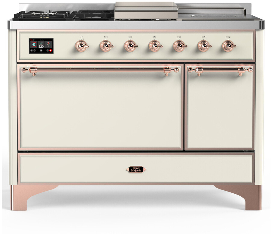 ILVE UM48FSQNR3AWPLP Majestic III 48 inch Dual Fuel Range with 5 Black Brass Burners, Griddle and French Top, Dual Function Burner up to 25,000 BTU (Liquid Propane, Solid Door, Antique White, Copper)