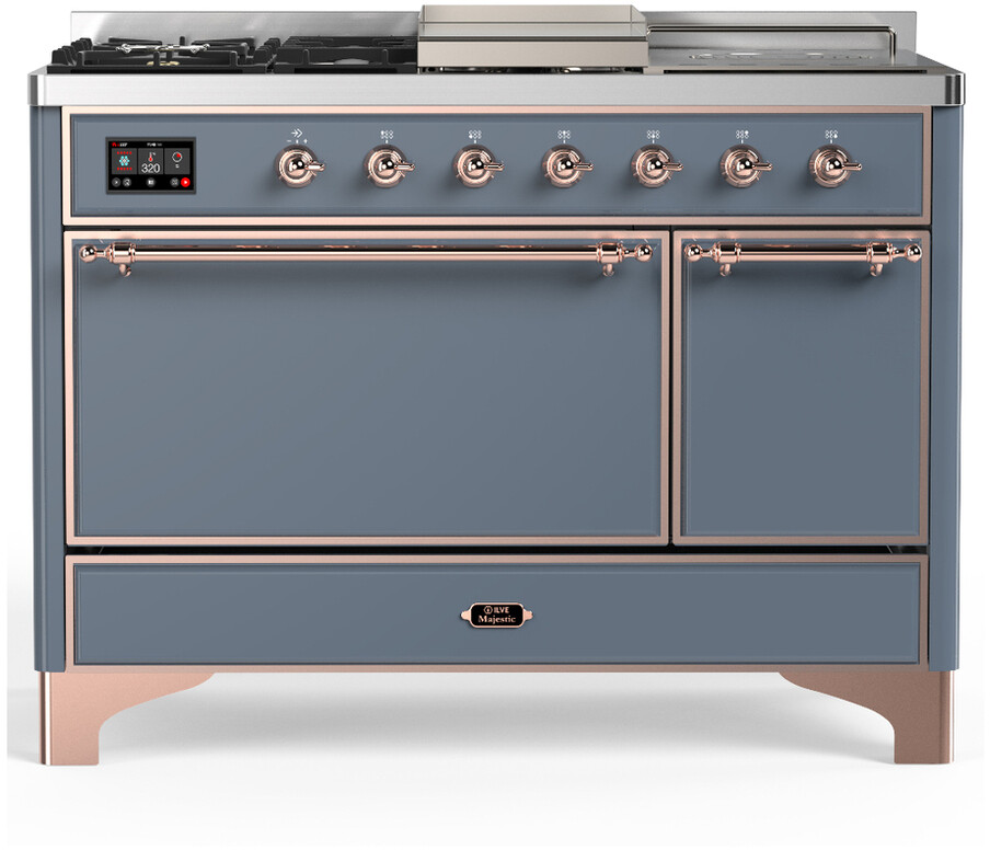 ILVE UM48FSQNR3BGPLP Majestic III 48 inch Dual Fuel Range with 5 Black Brass Burners, Griddle and French Top, Dual Function Burner up to 25,000 BTU (Liquid Propane, Solid Door, Blue Grey, Copper)